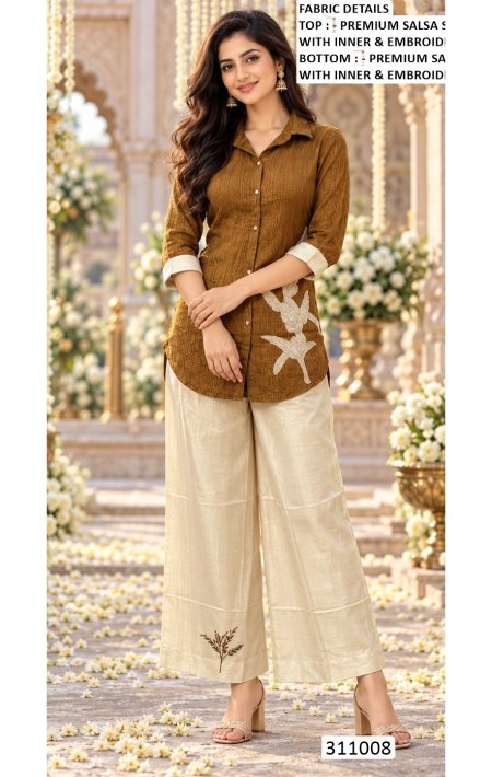 Brown Beige Color Salsa Silk Embroidery Co Ord Set ER 311008 